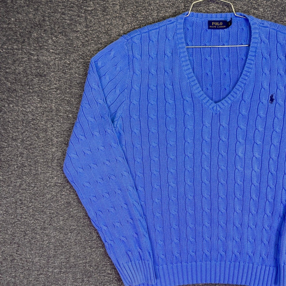 Polo Ralph Lauren V-Neck Sweater Mens XL Blue Cable Knit Casual Cotton Pony Logo - Picture 8 of 15